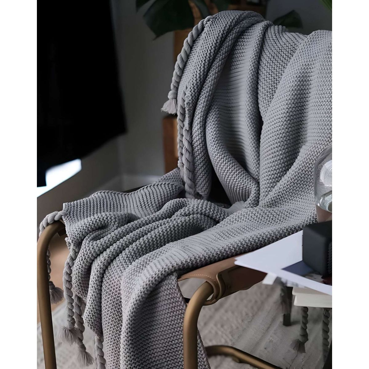 GENERICO - MANTA CHENILLE CON FLECOS DE SOGA DECORATIVA PARA CAMA O SOFA