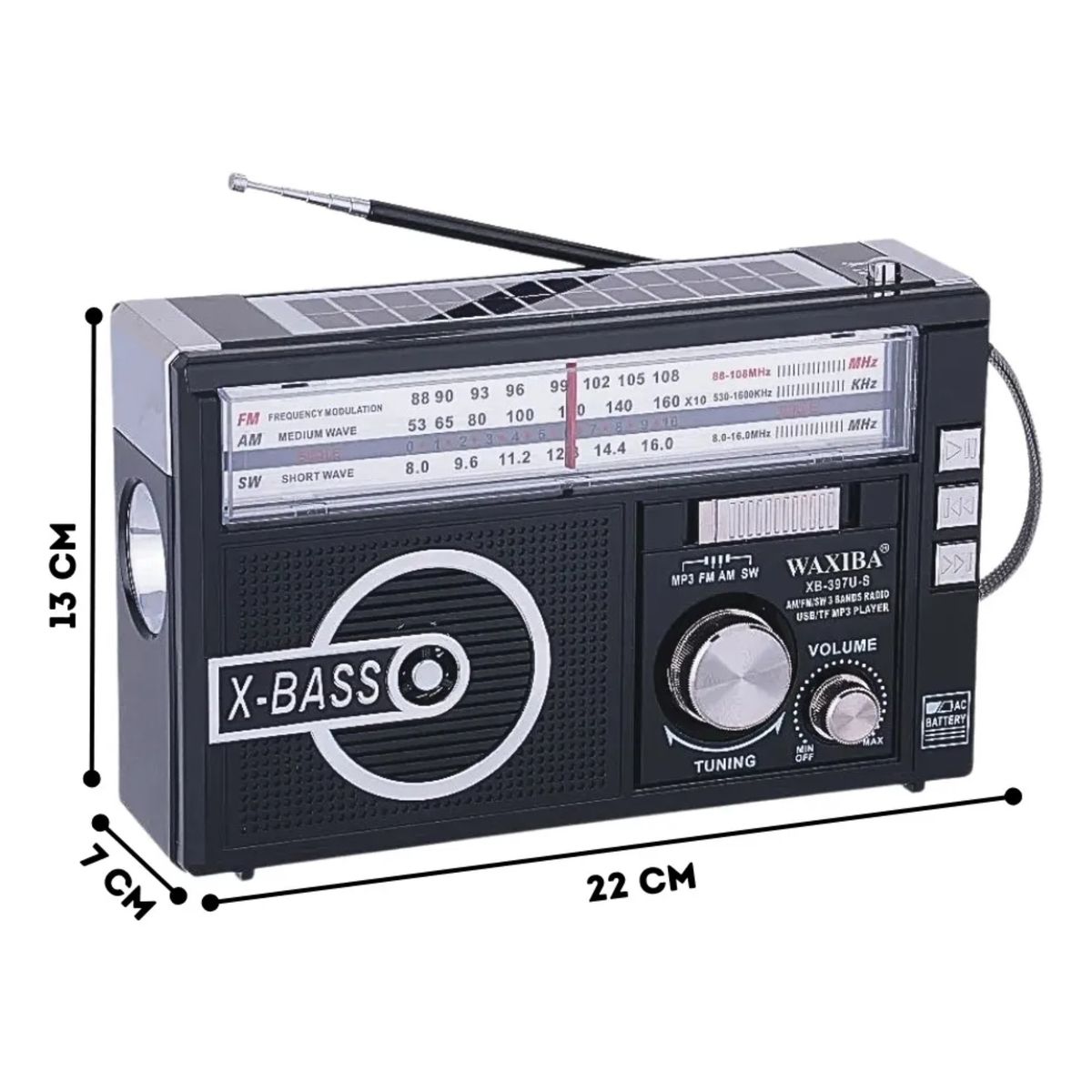 MOVI - Radio portátil AM-FM Multiuso con Linterna Panel Solar pilas y 220V