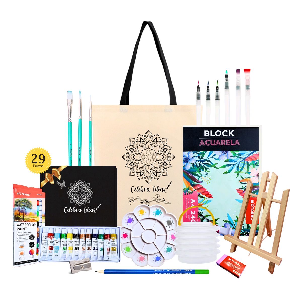 CELEBRA IDEAS - Set kit Arte Pinturas Acuarelas con atril y croquera especial 29 pcs