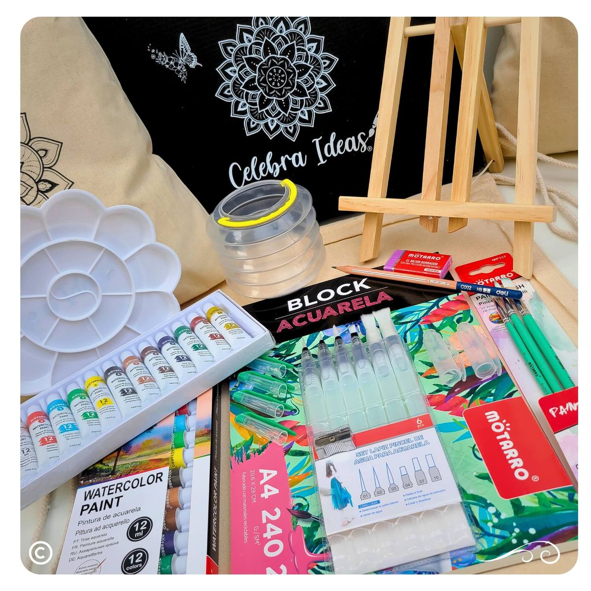CELEBRA IDEAS - Set kit Arte Pinturas Acuarelas con atril y croquera especial 29 pcs