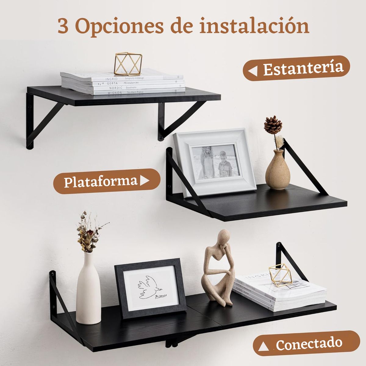 EINICIO - Juego De 2 Estantes Flotantes De Pared Para Hogar-Negro