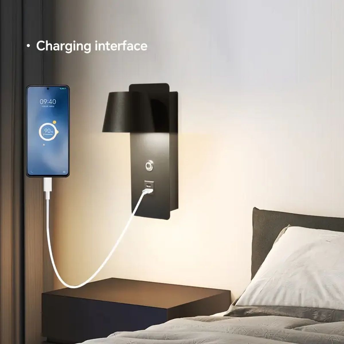 PUREPOWER - Lámpara de Pared LED Regulable Con Brazo Basculante Control Táctil Y Puerto USB Integrado-Negro
