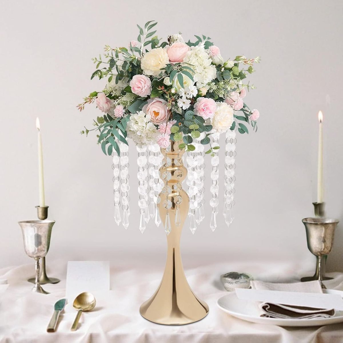 TATEE - Soporte de flores de metal Decoraciones de boda 35 cm Con 24 cortinas de cuentas