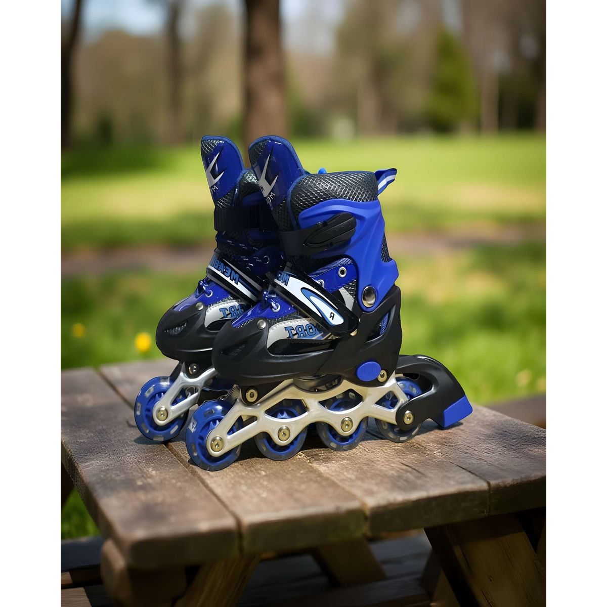 GENERICO - PATIN LINEAL CON LUCES Y KIT TALLA S 31-34 AZUL OSCURO