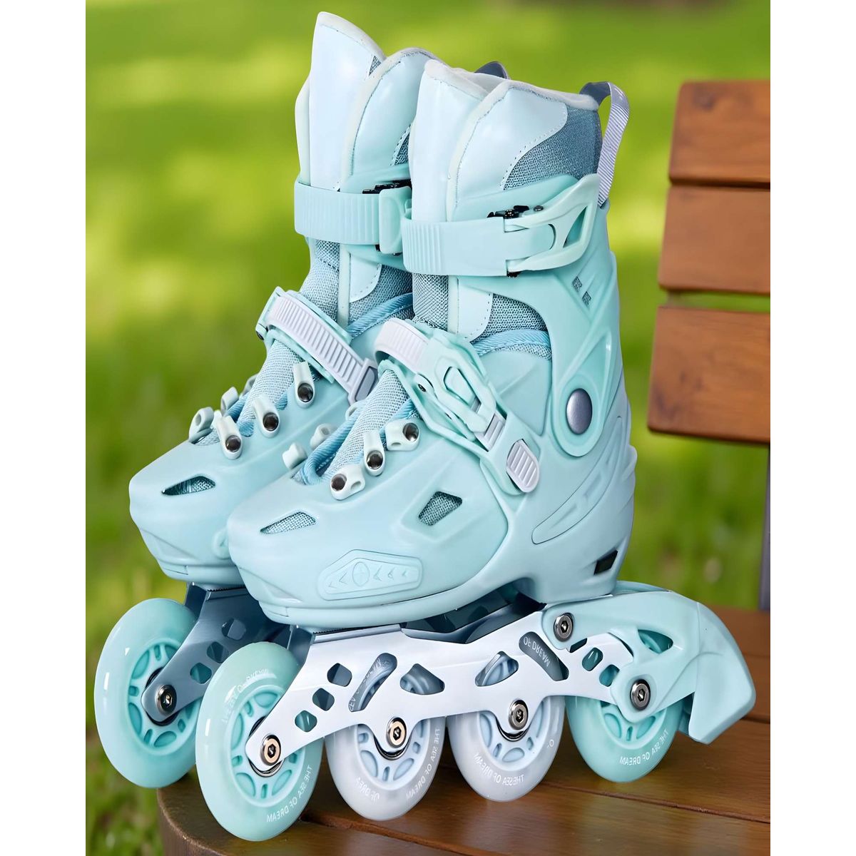 GENERICO - PATIN LINEAL CON LUCES Y KIT TALLA M 32-35 CELESTE