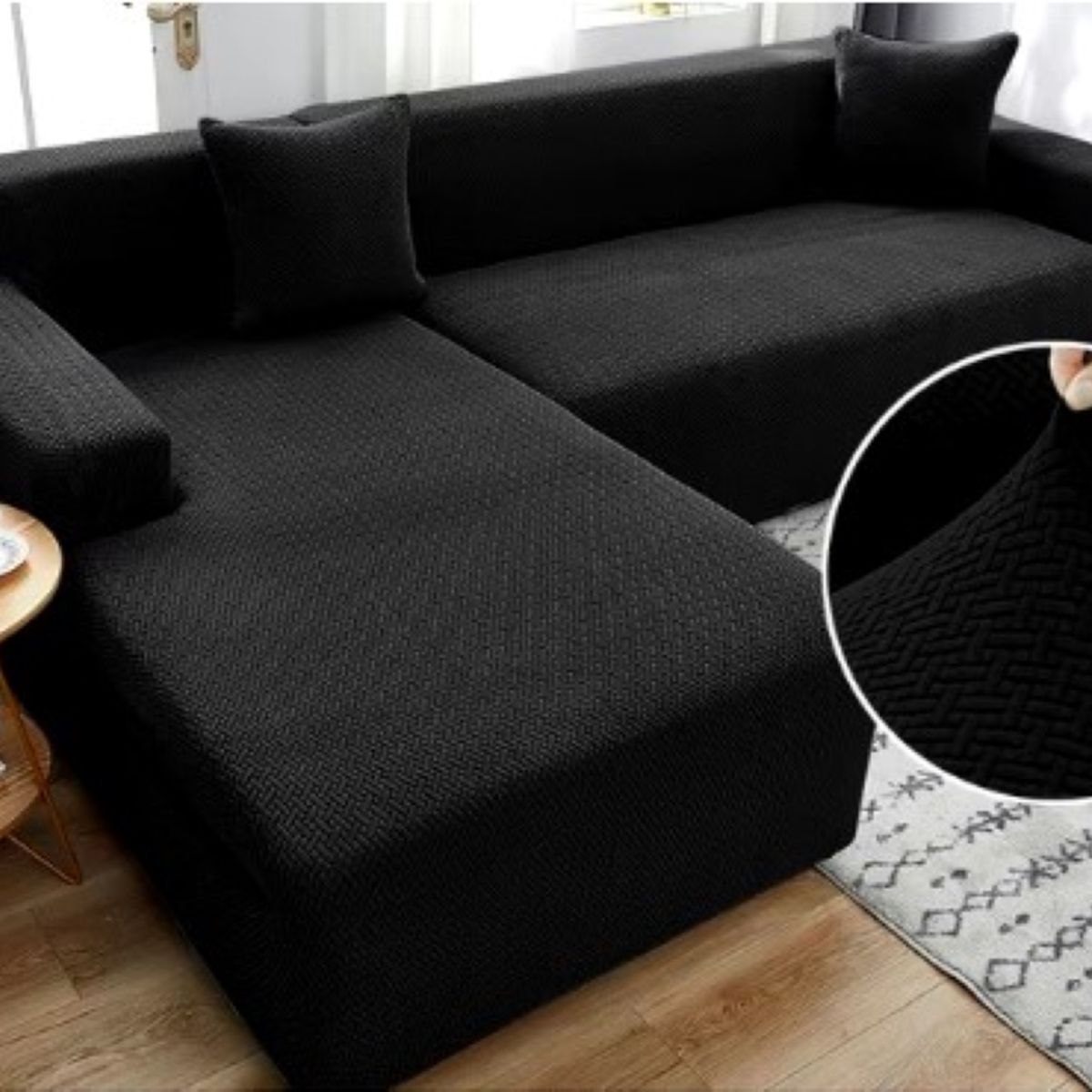 GENERICO - FUNDA TEXTURIZADA PARA SOFA SECCIONAL TIPO L 3 + 3 CUERPO DISEÑO EN T COLOR NEGRO TF