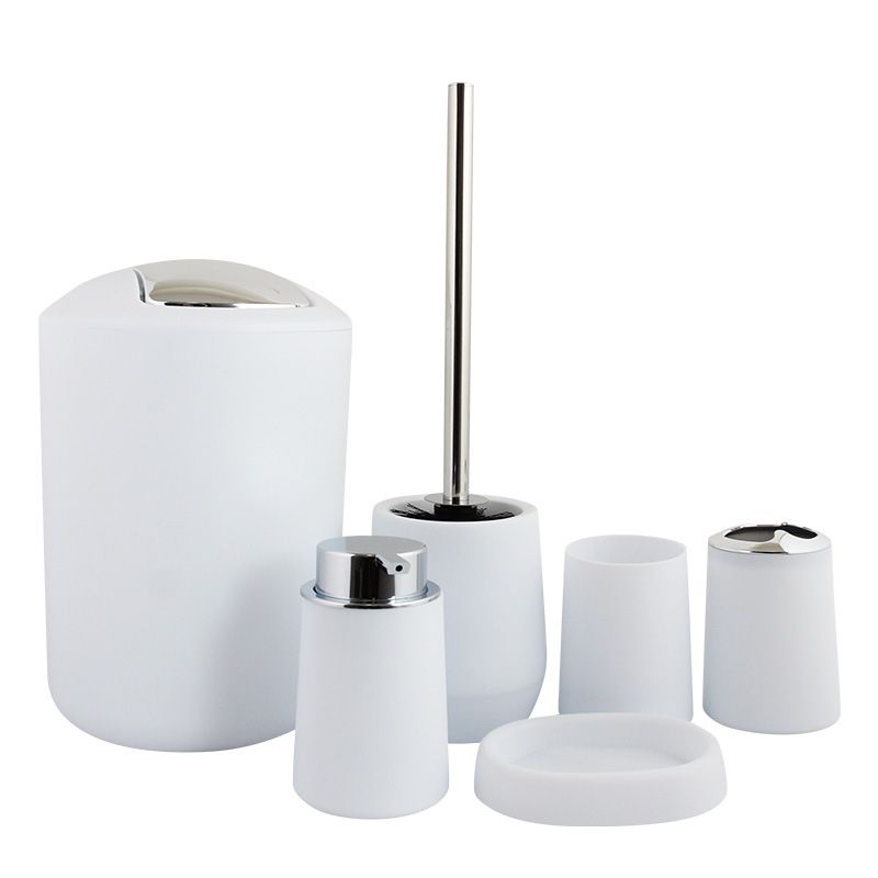 GENERICO - Set 6 en 1 para baño (Papelero, porta cepillos, 2 vasos, jabonera, escobilla de aseo) Blanco