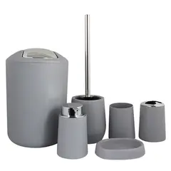 GENERICO - Set 6 en 1 para baño (Papelero, porta cepillos, 2 vasos, jabonera, escobilla de aseo) - Gris