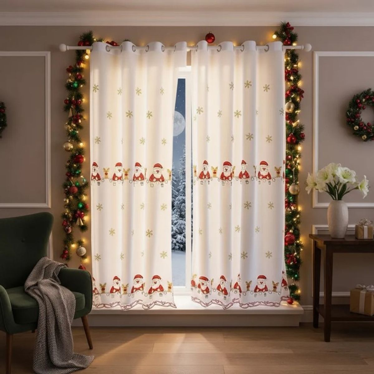 GENERICO - VISILLOS NAVIDEÑOS BORDADOS 2 PAÑOS 140CM X 230CM C/U DISEÑO COPOS DE NIEVE TF