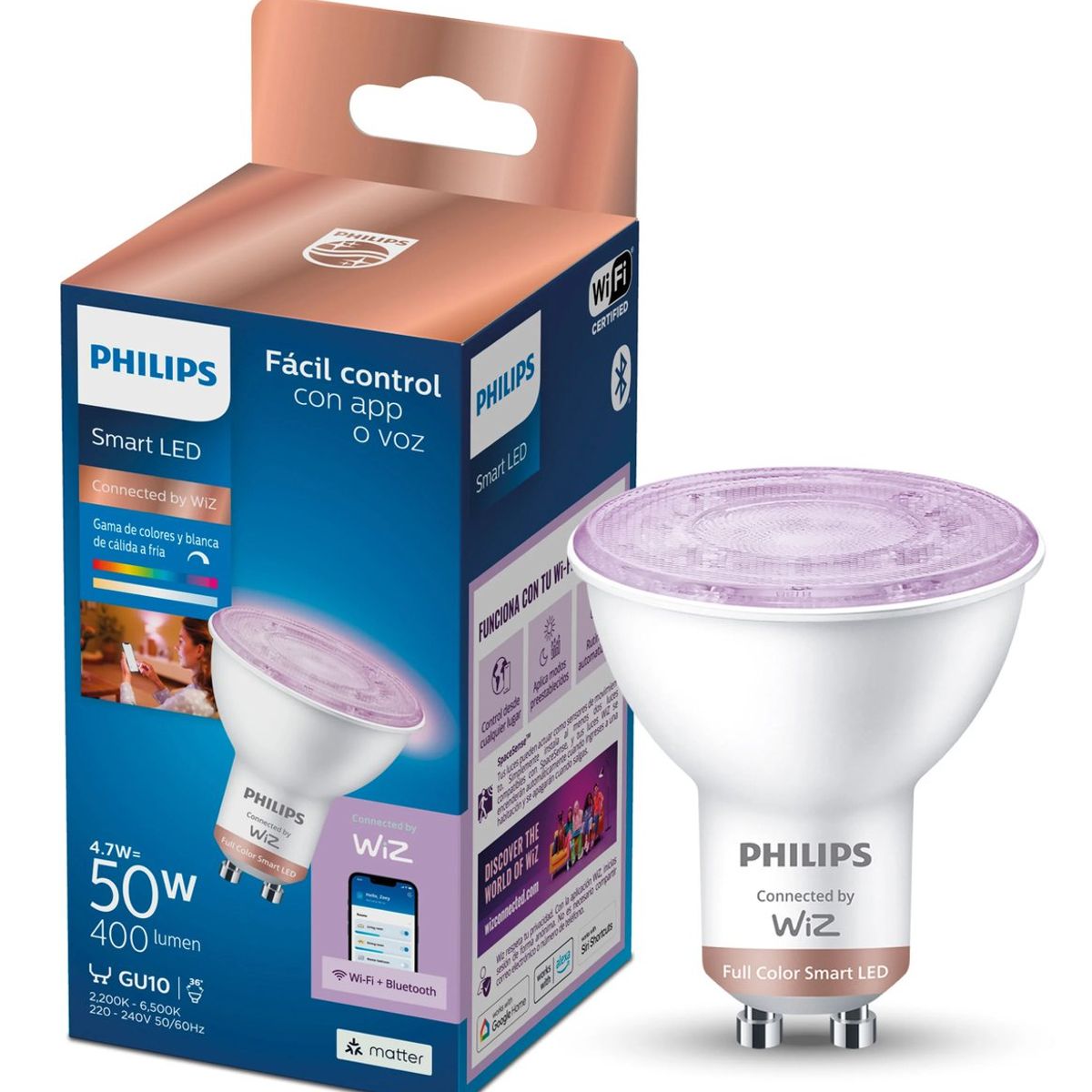 PHILIPS - Ampolleta Dicróico inteligente Philips LED PAR16 GU10 50W - Luz Regulable y Control Inteligente