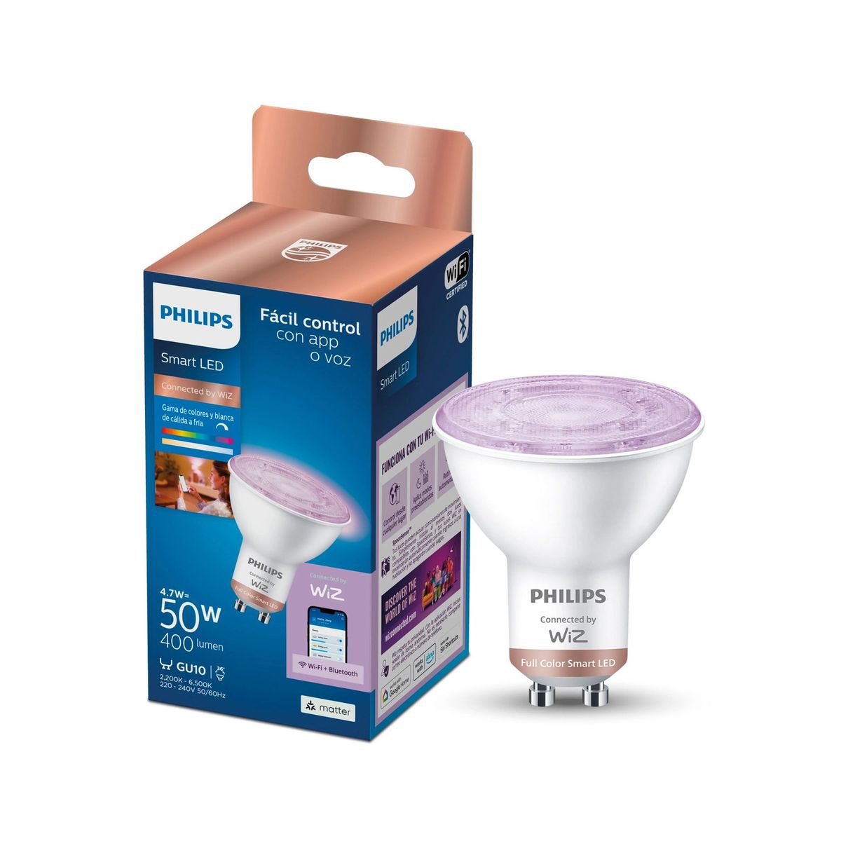 PHILIPS - Ampolleta Dicróico inteligente Philips LED PAR16 GU10 50W - Luz Regulable y Control Inteligente