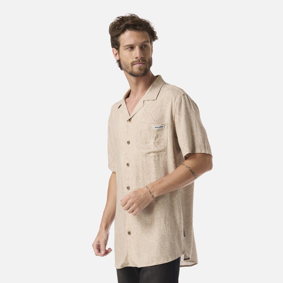 HAKA HONU - Camisa Hombre Linaje Print Taupe Haka Honu