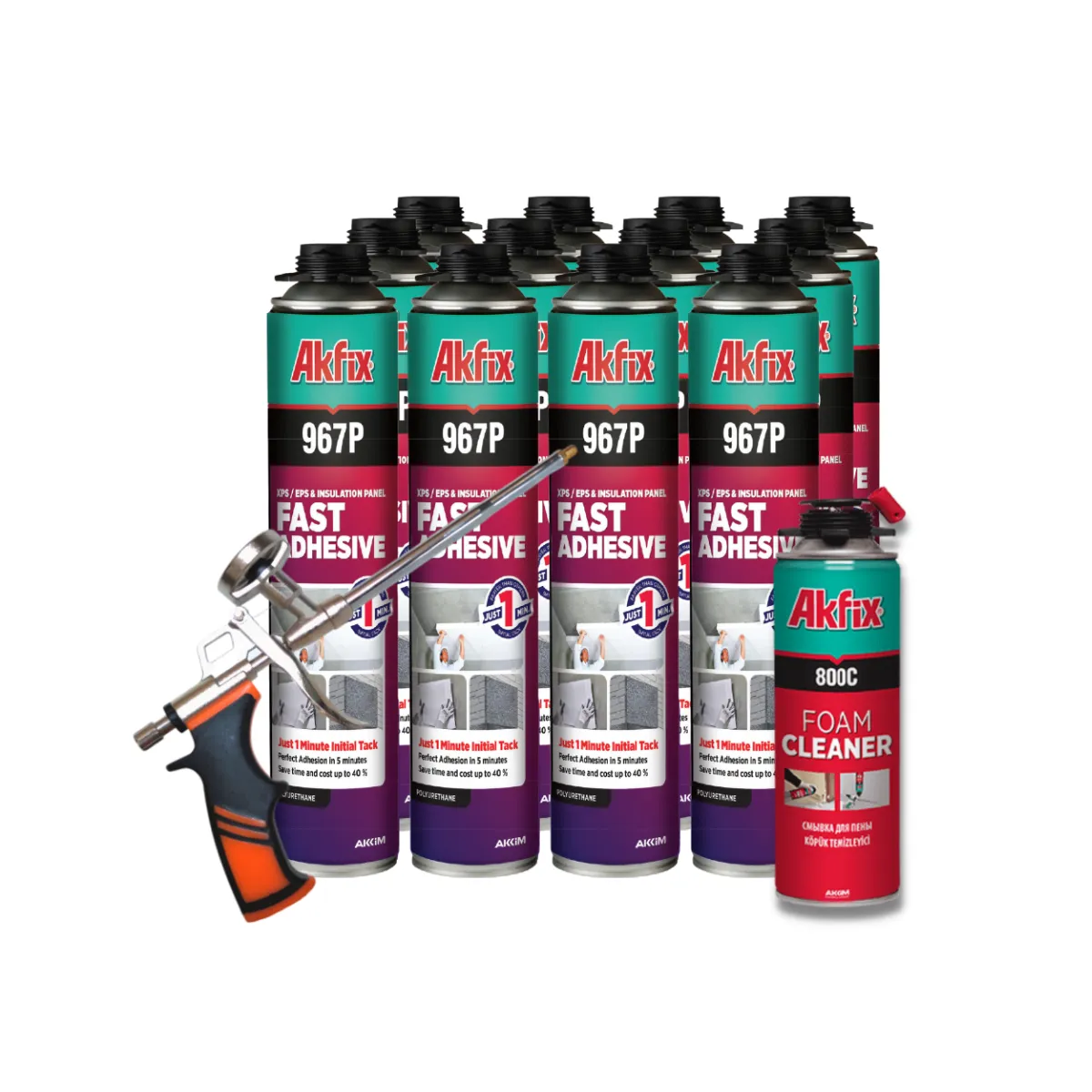 AKFIX - Kit 12x Espuma Adhesiva Akfix 967P + Limpiador + Pistola Aplicadora