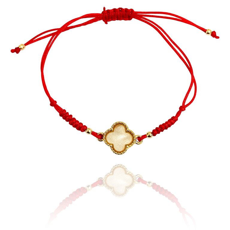 Pulsera Trebol Nacar Enchapado Oro 18K Cordon Rojo Dorado TALLA UNICA