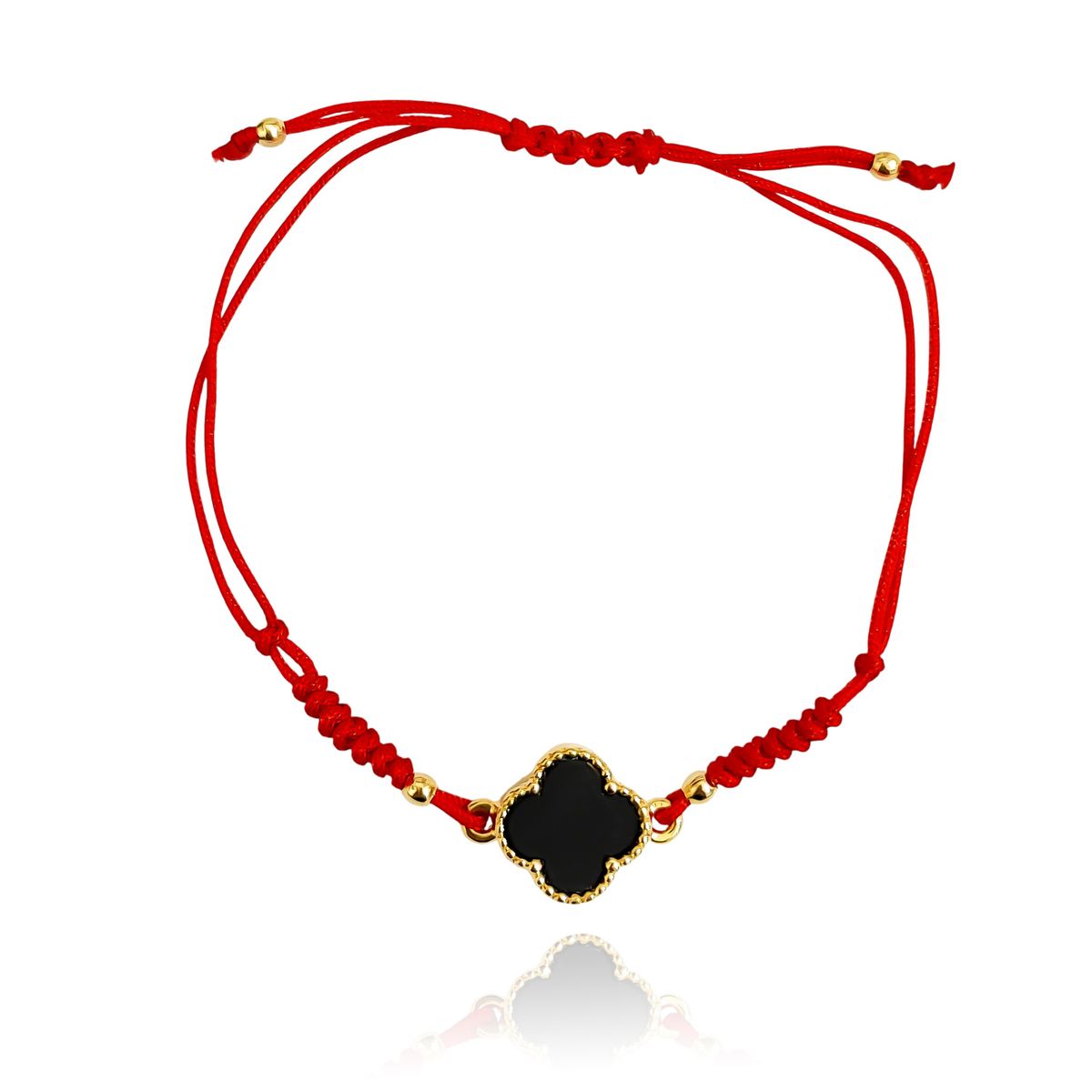 COGGIOLA - Pulsera Trébol Negro Enchapado Oro 18K Cordón Rojo