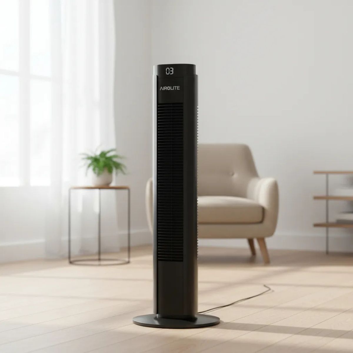 AIROLITE - Ventilador Torre Pie Silencioso Control Remoto Vt02r Black Airolite