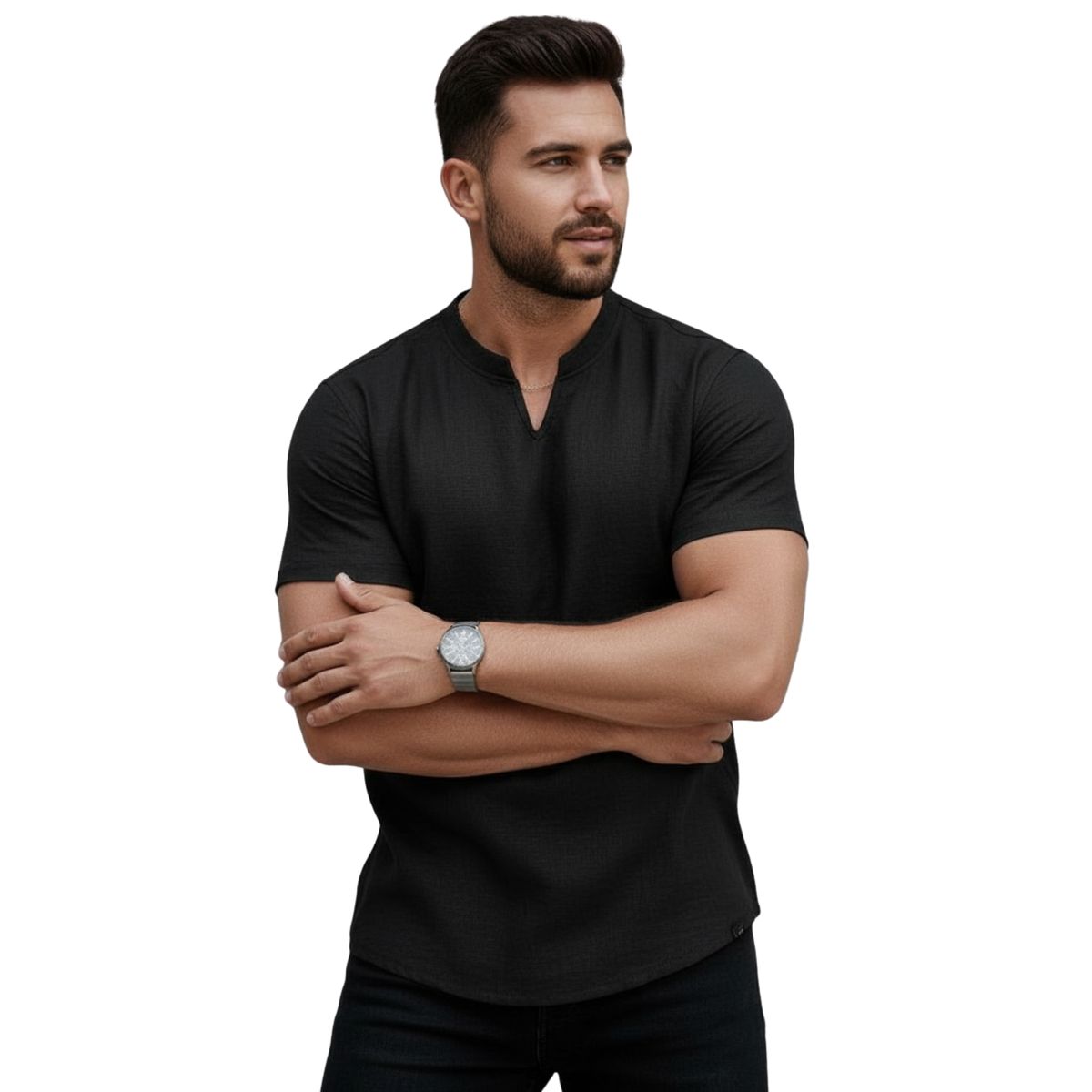 D'JOE - Camisa Lino Hombre Cuello V