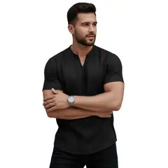 D'JOE - Camisa Lino Hombre Cuello V