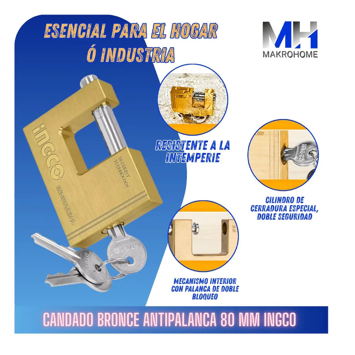 INGCO - Candado De Seguridad Bronce Reforzado 80mm Alta Seguridad