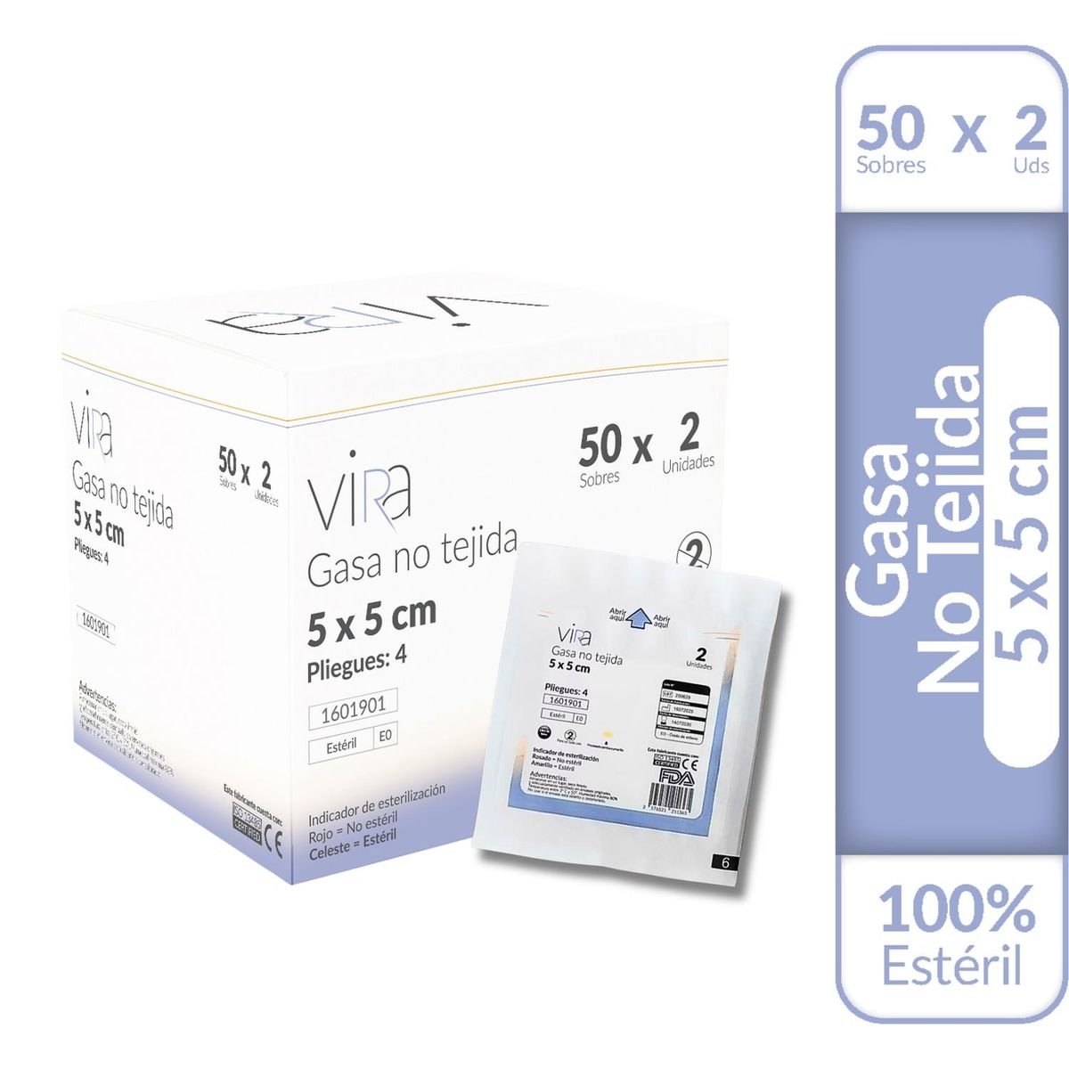 VIRA - Gasa Estéril 5x5cm No Tejida 50x2 viRa - Blanco