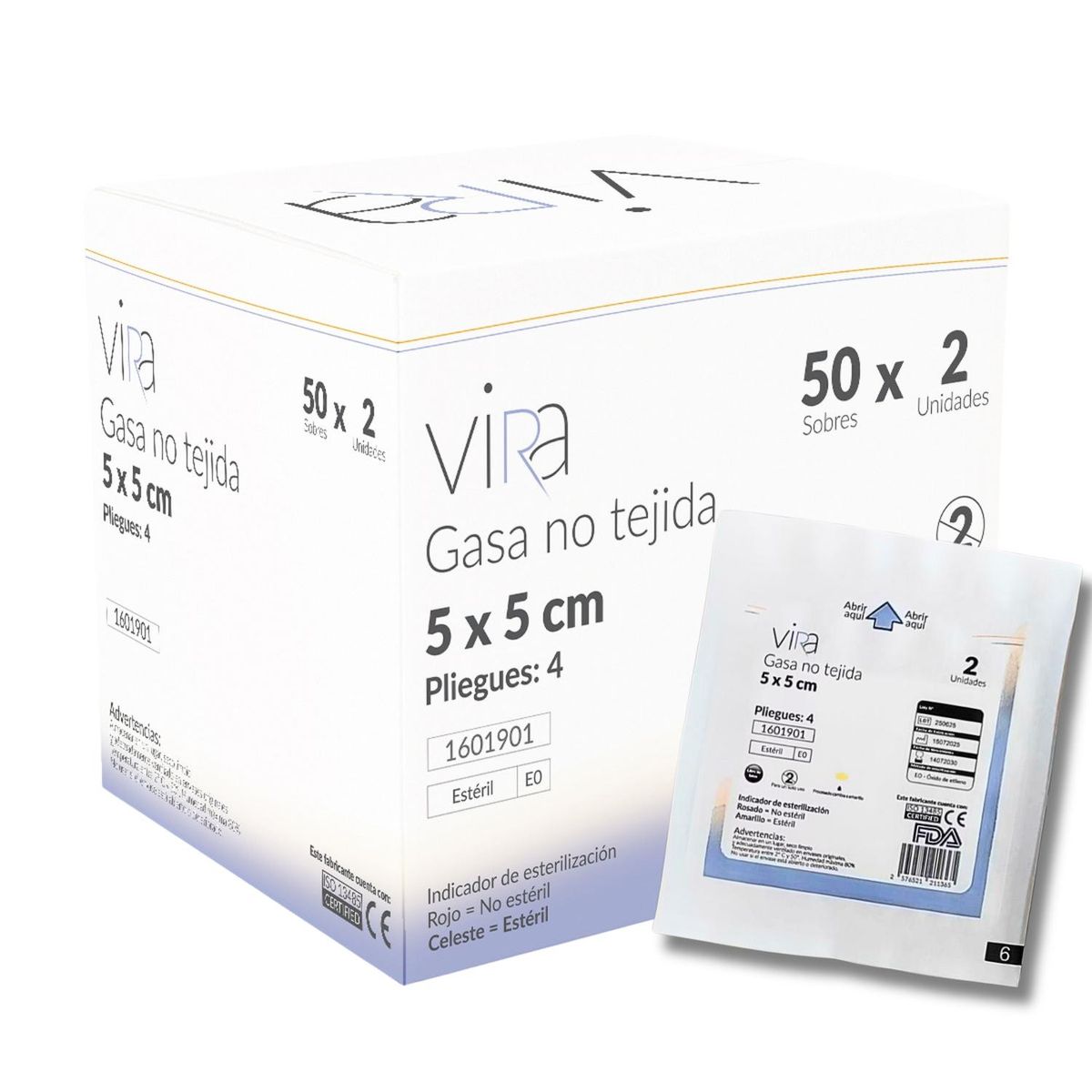 VIRA - Gasa Estéril 5x5cm No Tejida 50x2 viRa - Blanco
