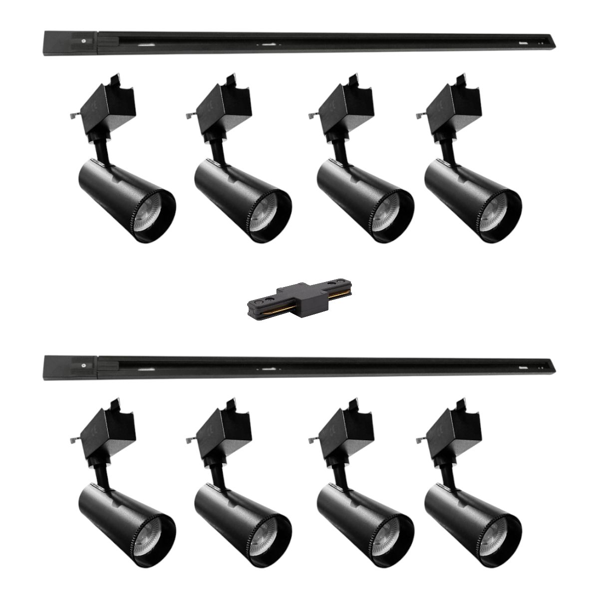 WANT - Lámpara 8 Focos Negros Gu10 Luz Cálida con 2 Riel de 1mt más Unión