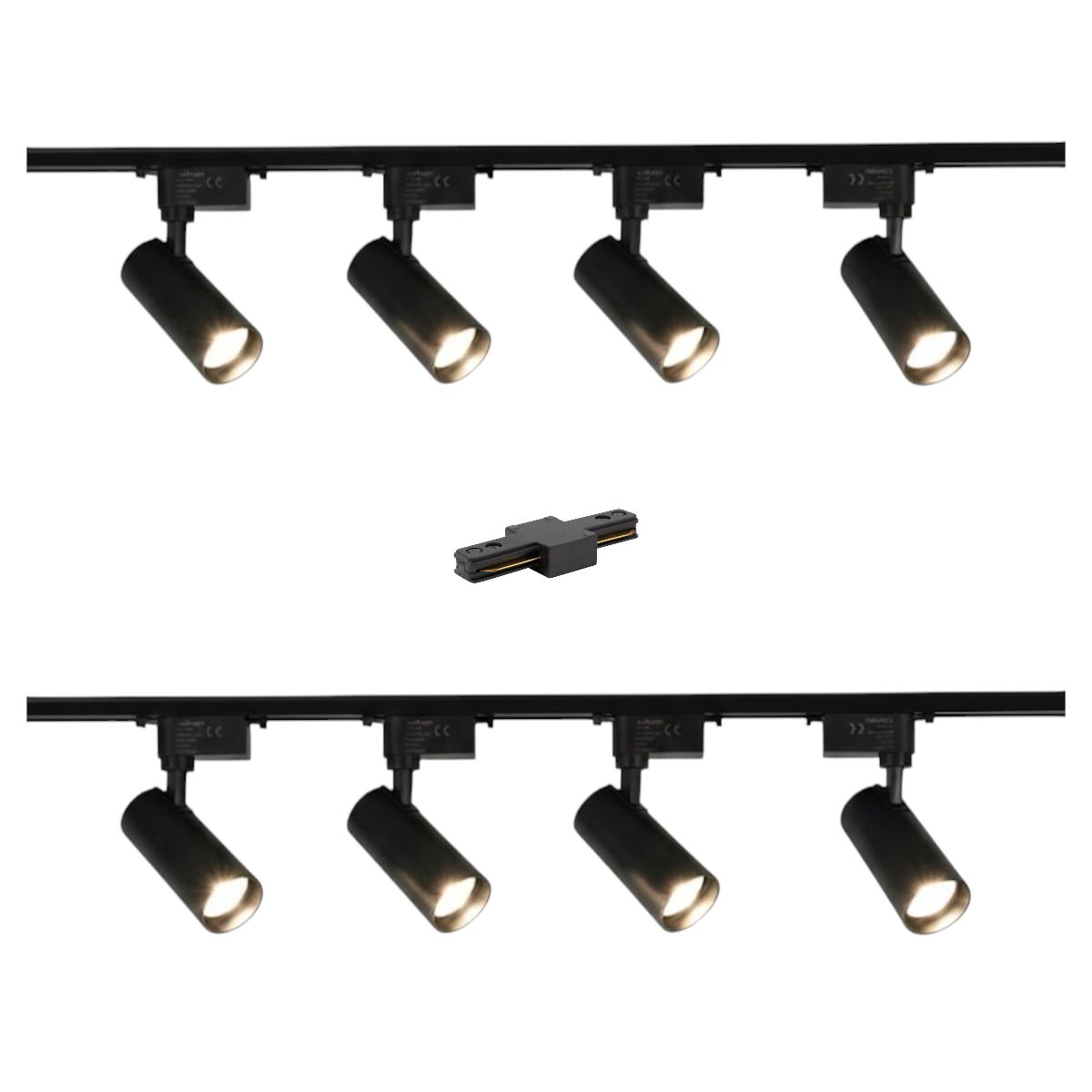 WANT - Lámpara 8 Focos Negros Gu10 Luz Cálida con 2 Riel de 1mt más Unión