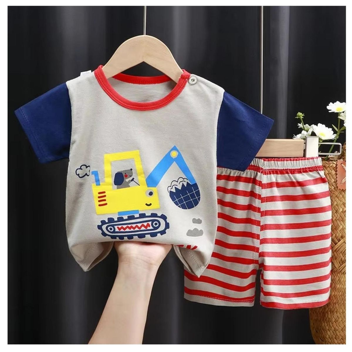 KIVARA - Pijama Niño Algodon Manga Corta Short Bulldozer Azul