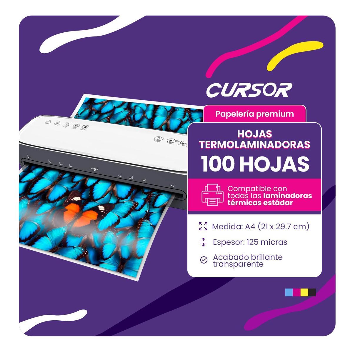 CURSOR - 100 MICAS TERMOLAMINADORA PLASTIFICADORA A4 125MIC CURSOR - Blanco - A4