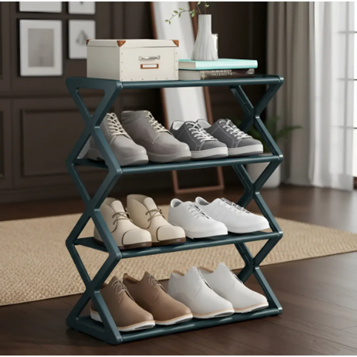 GENERICO - Zapatero Estante Organizador Multifuncional 4 Rack Forma X Color Verde Oscuro