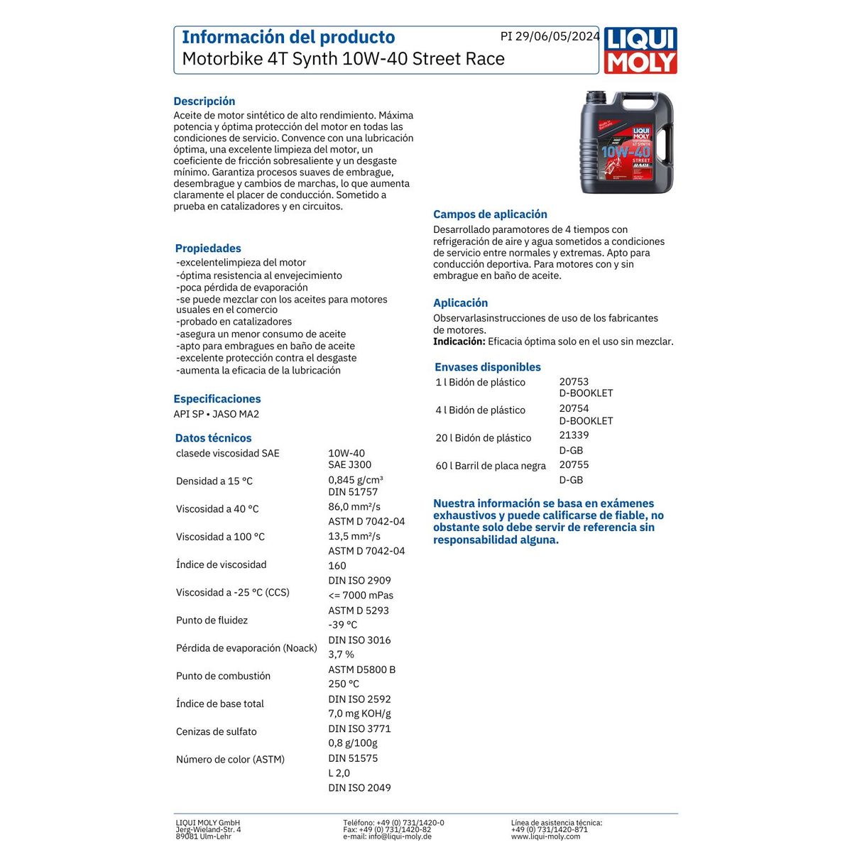 Aceite Motor para Moto 10w40 Full Sintetico 4T Street Race, marca LIQUI MOLY - Foto 2