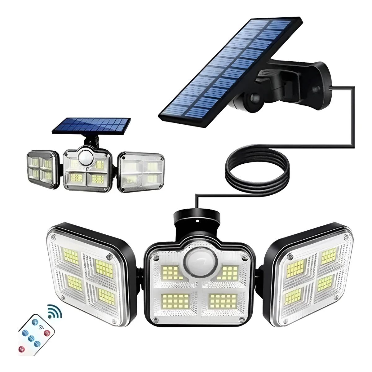 GENERICO - Luz Solar Foco Triple Cabezal Con Sensor De Movimientos Negro Con Cable
