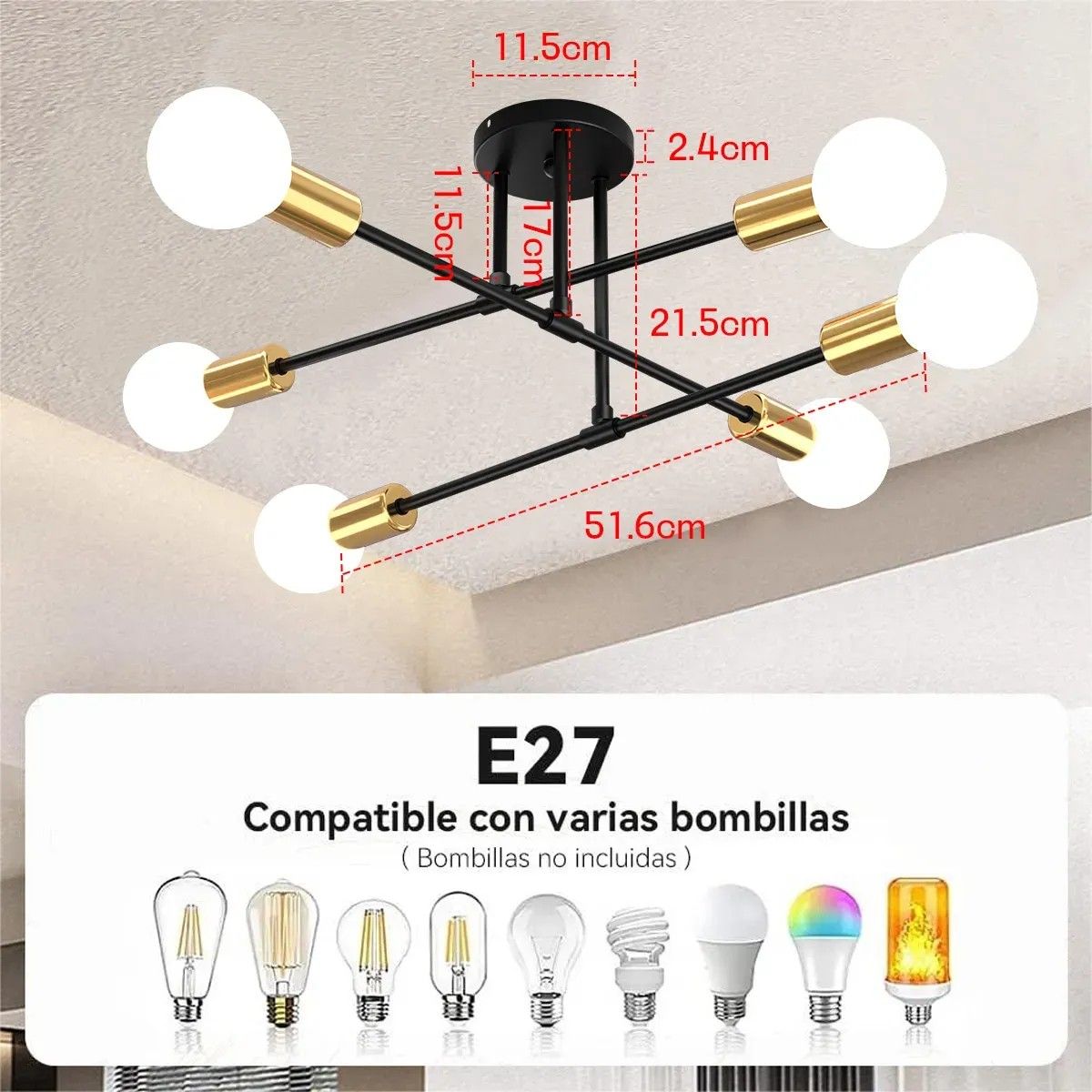 AIZO - Lámpara De Techo Colgante Iluminación Moderna Foco E27 negro