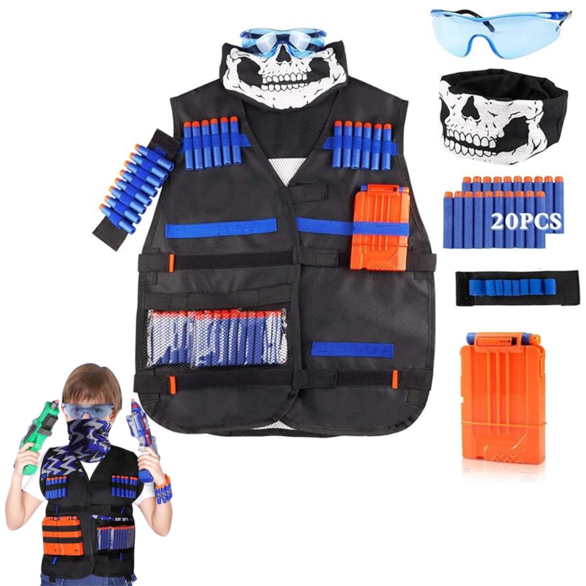 KUANGYE - Kit de chaleco táctico pistolas Para NERFcon clips de recargadardosmáscara anteojos protectoras