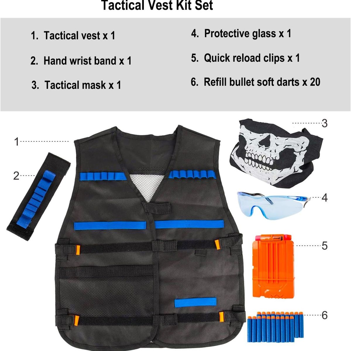 KUANGYE - Kit de chaleco táctico pistolas Para NERFcon clips de recargadardosmáscara anteojos protectoras