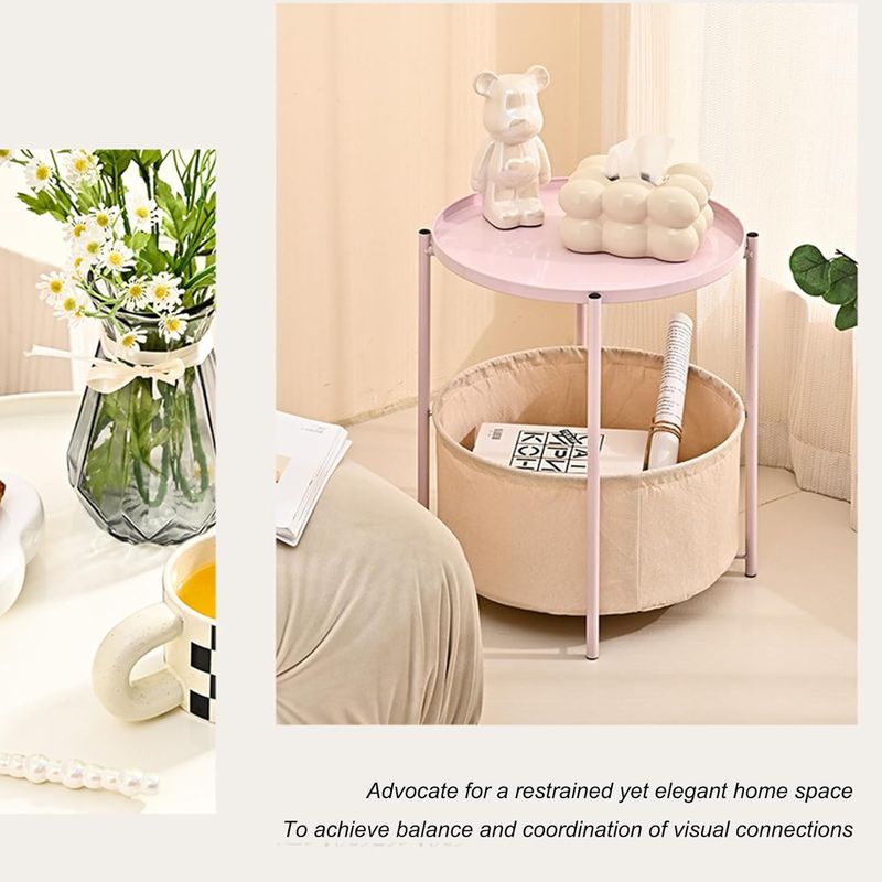 YOMYM - Round Side Table with Fabric Storage Basket