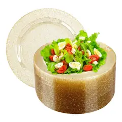KUANGYE - 25 Elegantes Platos Plástico Duro Transparente con Brillos Dorados,25cm,Resistentes y Reutilizables