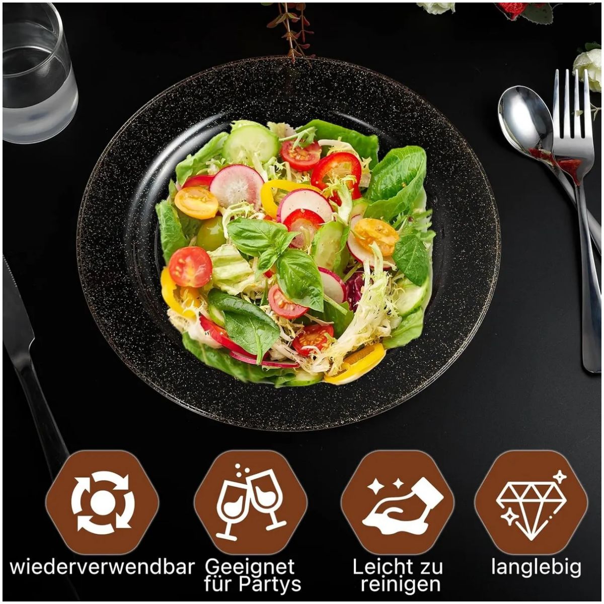 KUANGYE - 25 Elegantes Platos Plástico Duro Transparente con Brillos Dorados,25cm,Resistentes y Reutilizables
