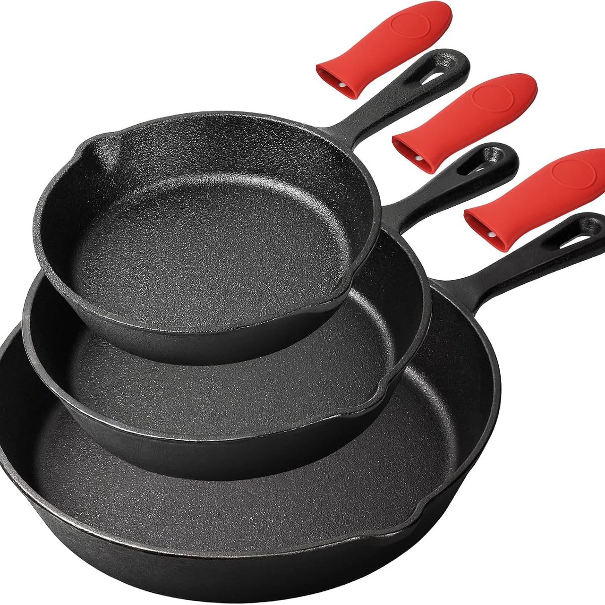 YOMYM - Set 3 Sartenes 16-26 cm Hierro Fundido Negro con 3 Asas Aisladas