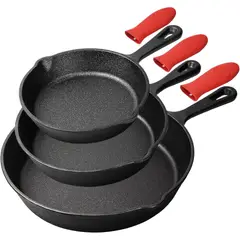 YOMYM - Set 3 Sartenes 16-26 cm Hierro Fundido Negro con 3 Asas Aisladas