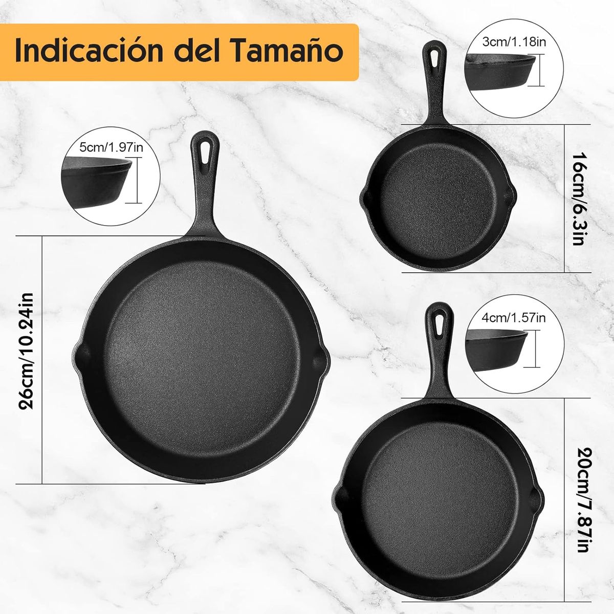 YOMYM - Set 3 Sartenes 16-26 cm Hierro Fundido Negro con 3 Asas Aisladas