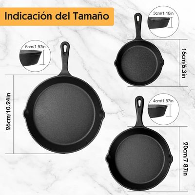 Imagen 2 del producto Set 3 Sartenes 16-26 cm Hierro Fundido Negro con 3 Asas Aisladas