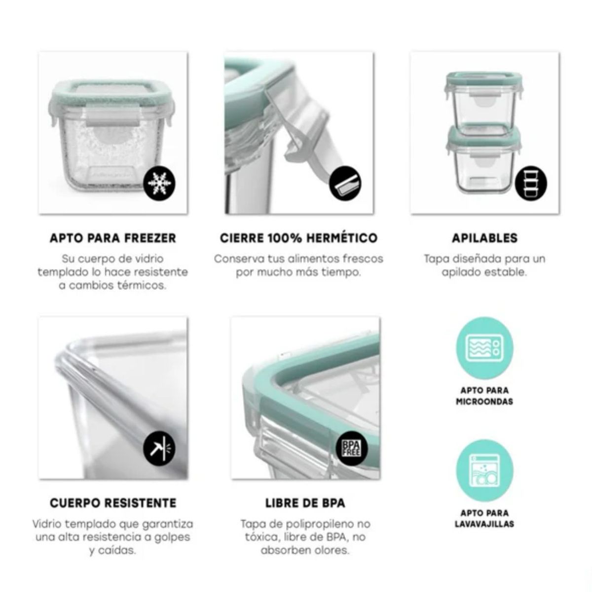 ALLEGRA - Set 6 Contenedores Hermeticos Allegra Vidrio 210mL Cuadrado