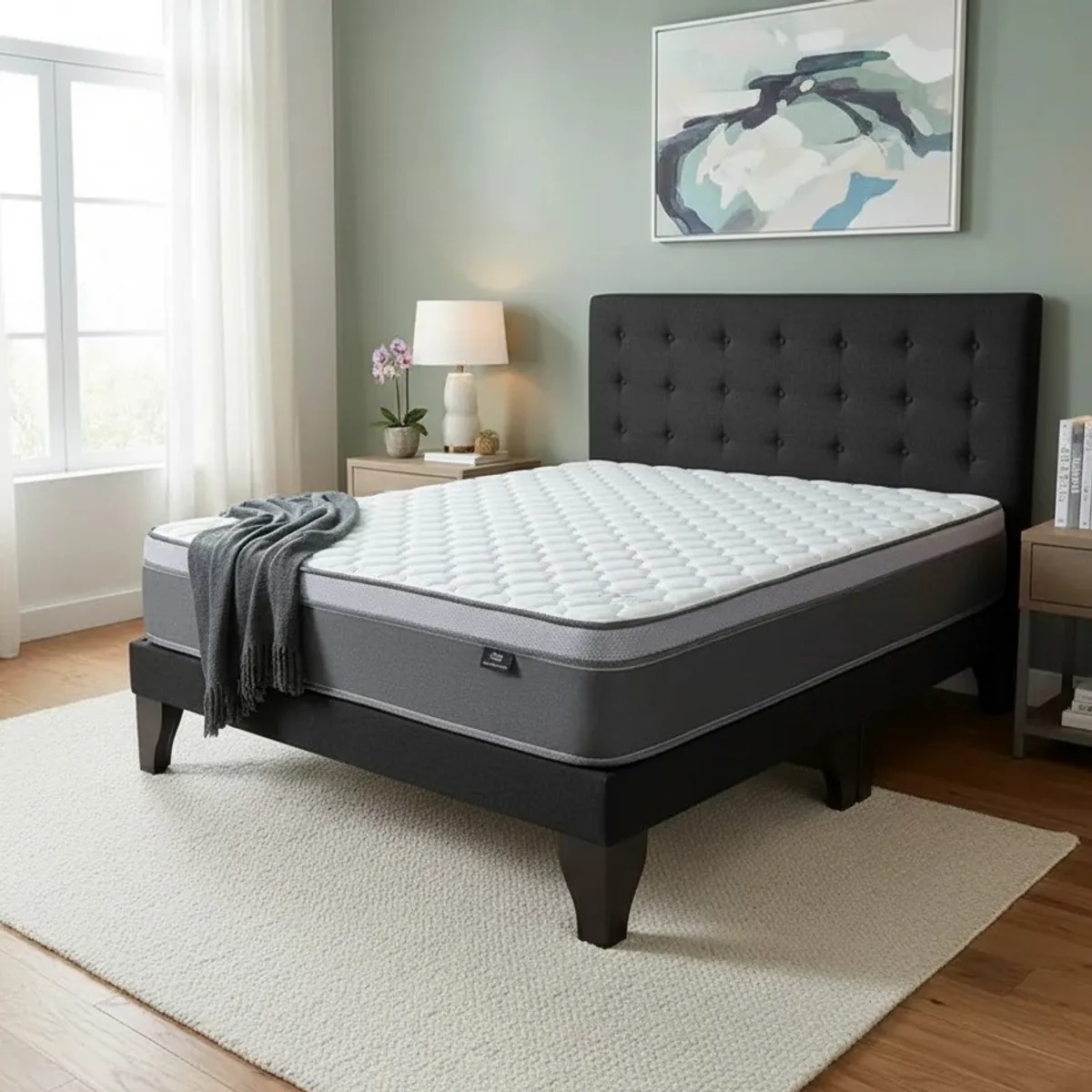 FLOBAL - Cama Europea Super King + Respaldo Abotonado Negro +Colchón 200x200x28cm