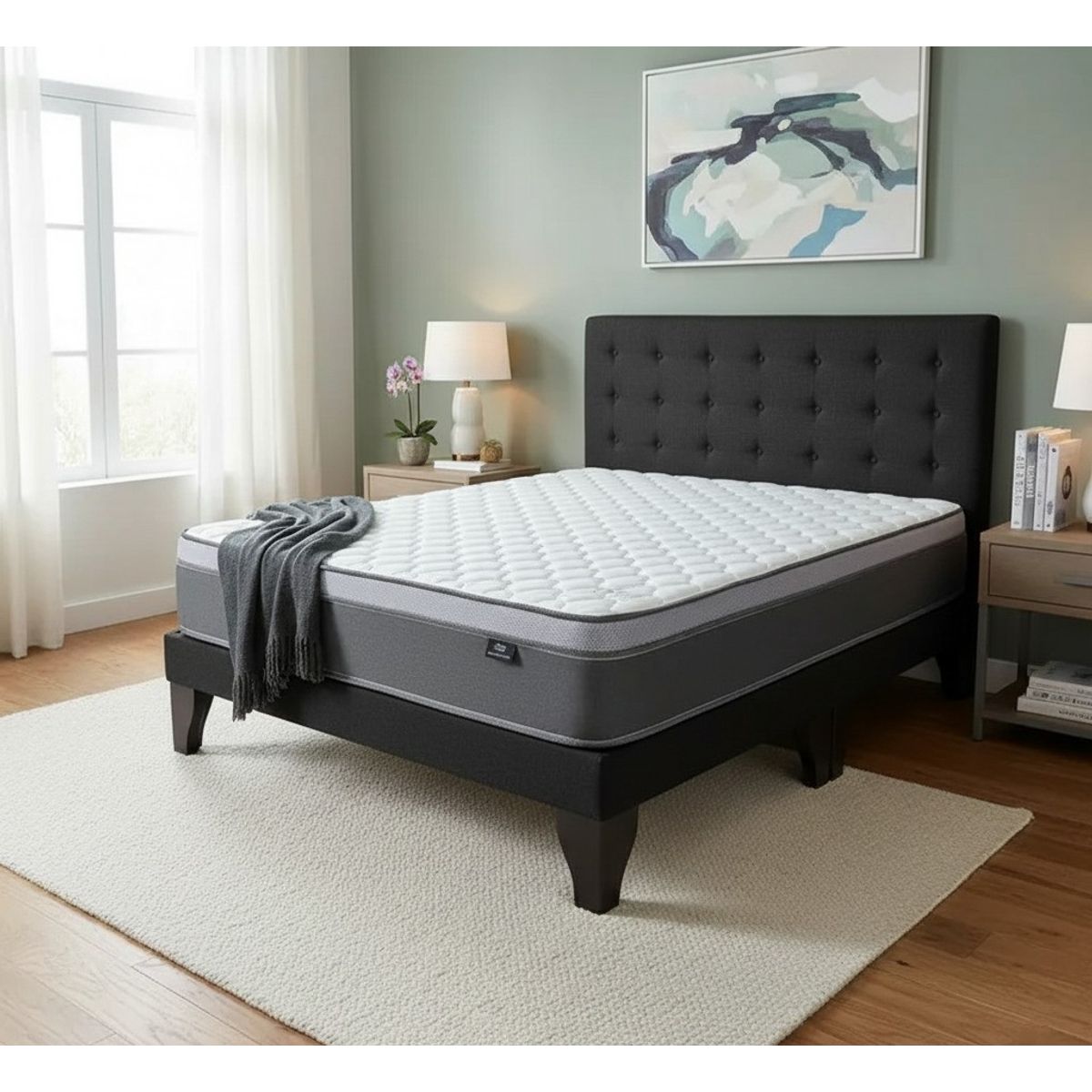 FLOBAL - Cama Europea Super King + Respaldo Abotonado Negro +Colchón 200x200x28cm