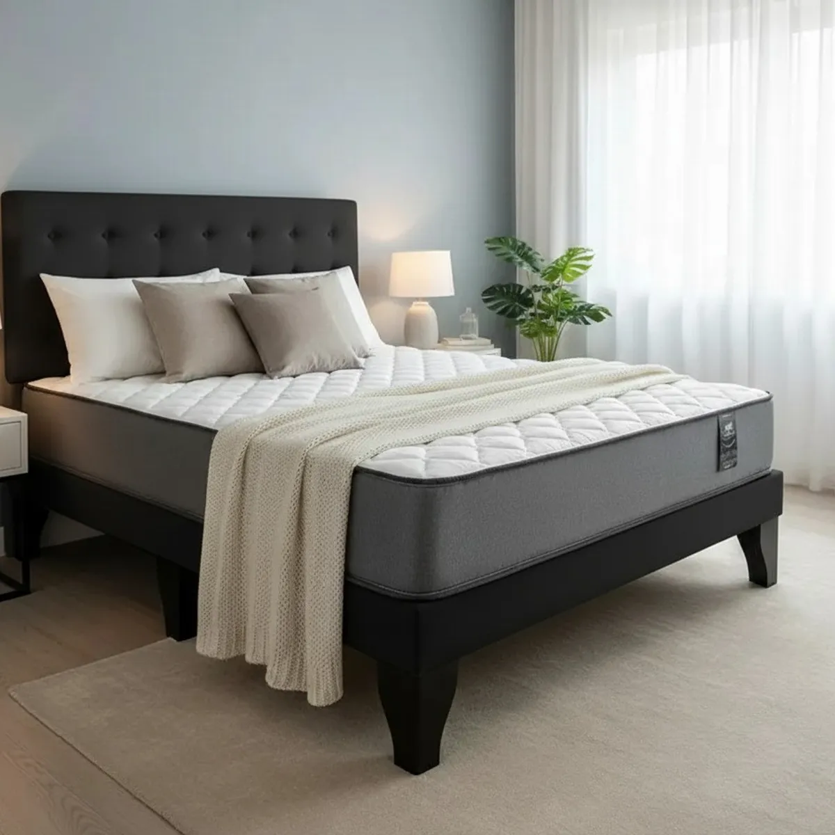 FLOBAL - Cama Europea Super King + Respaldo Abotonado Negro +Colchón 200x200x28cm