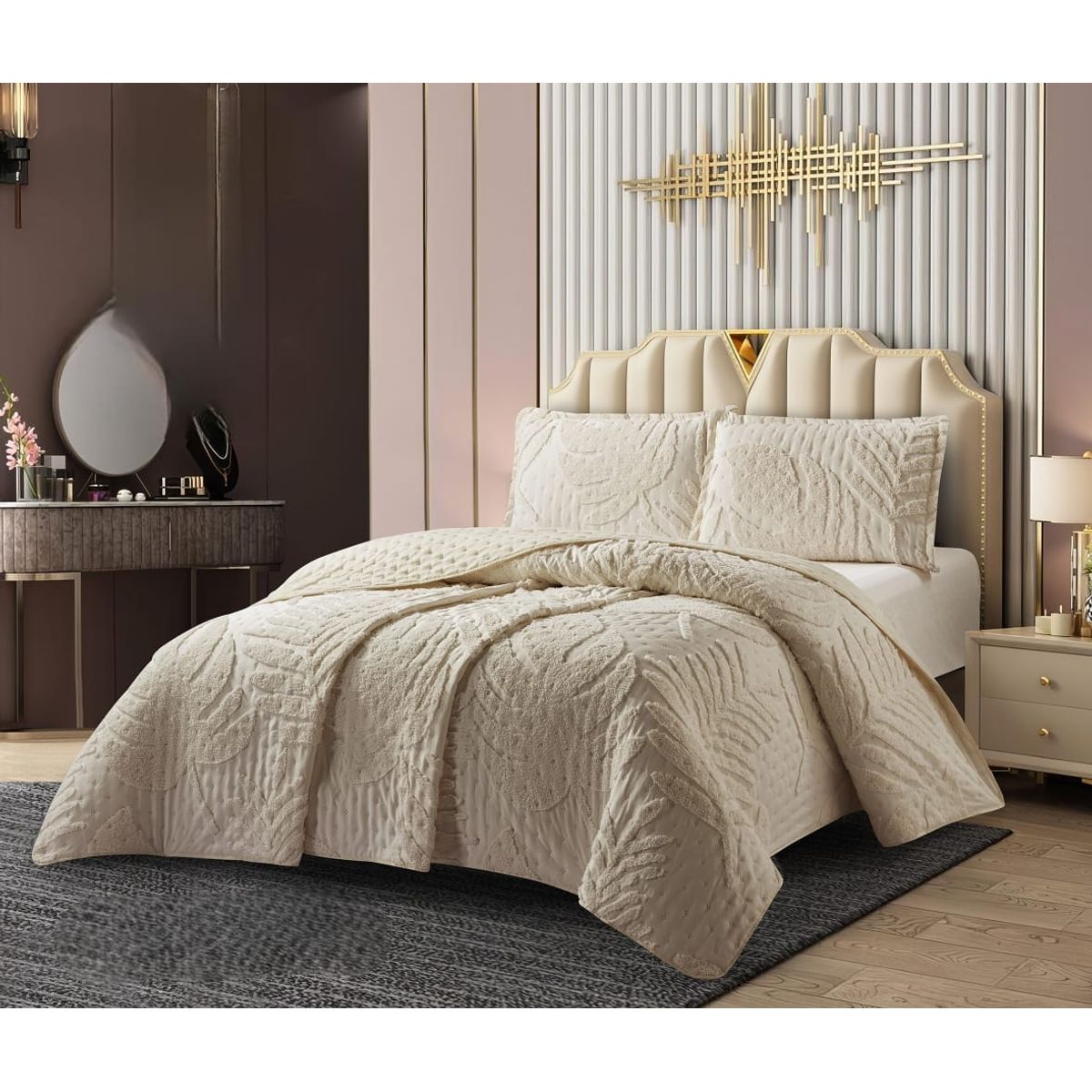 GENERICO - Cubrecama de Verano King Tipo Tufting con relieve Beige TFCR16
