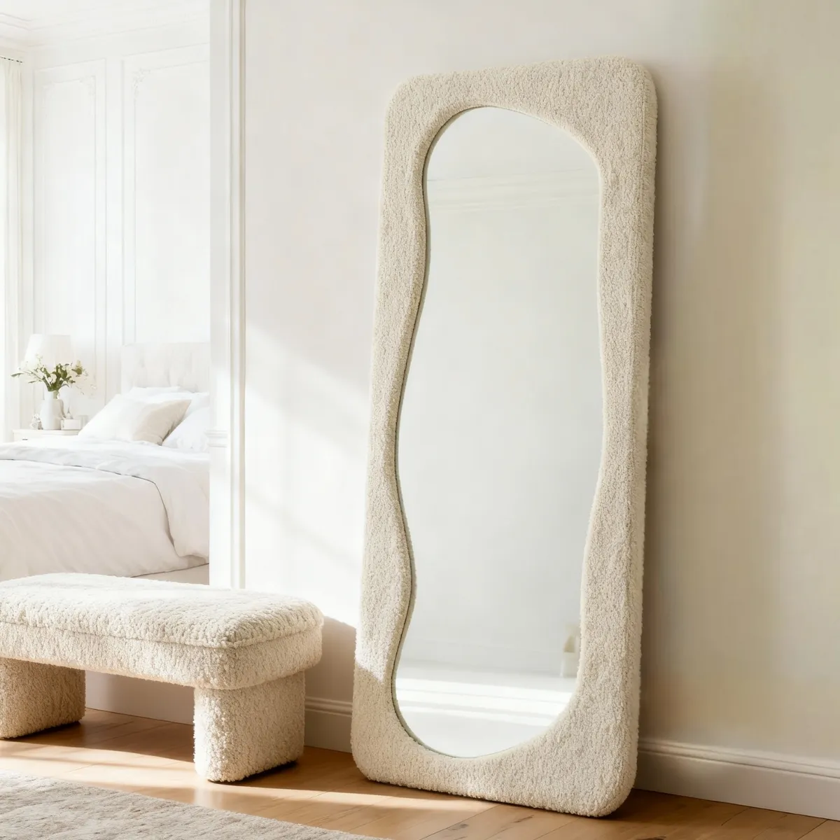 SANTU HOME & DECO - Espejo Blanco Cuerpo Entero Estilo Bouclé 180x80cm