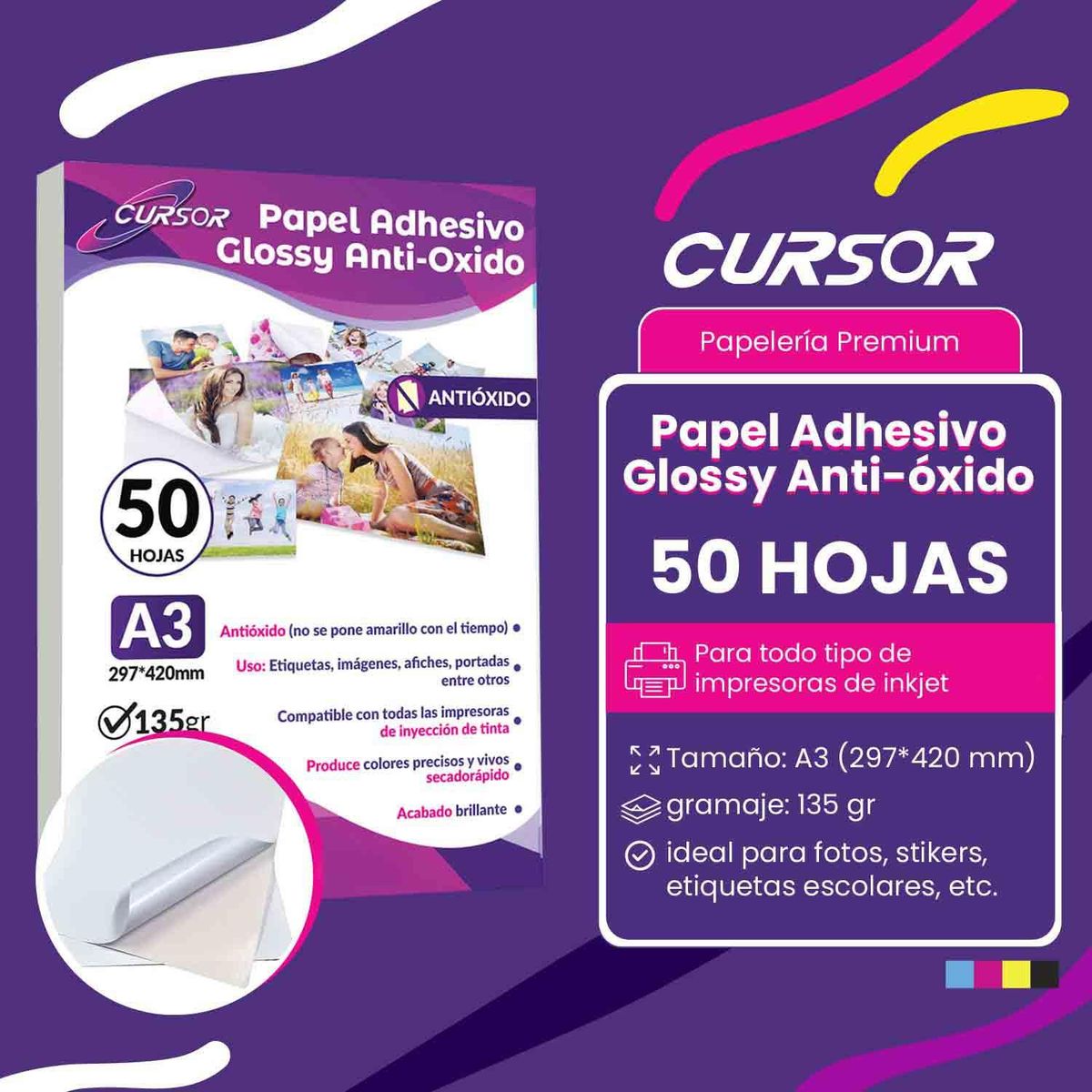 CURSOR - Papel Adhesivo Glossy Antioxido A3/135g/50 Hojas