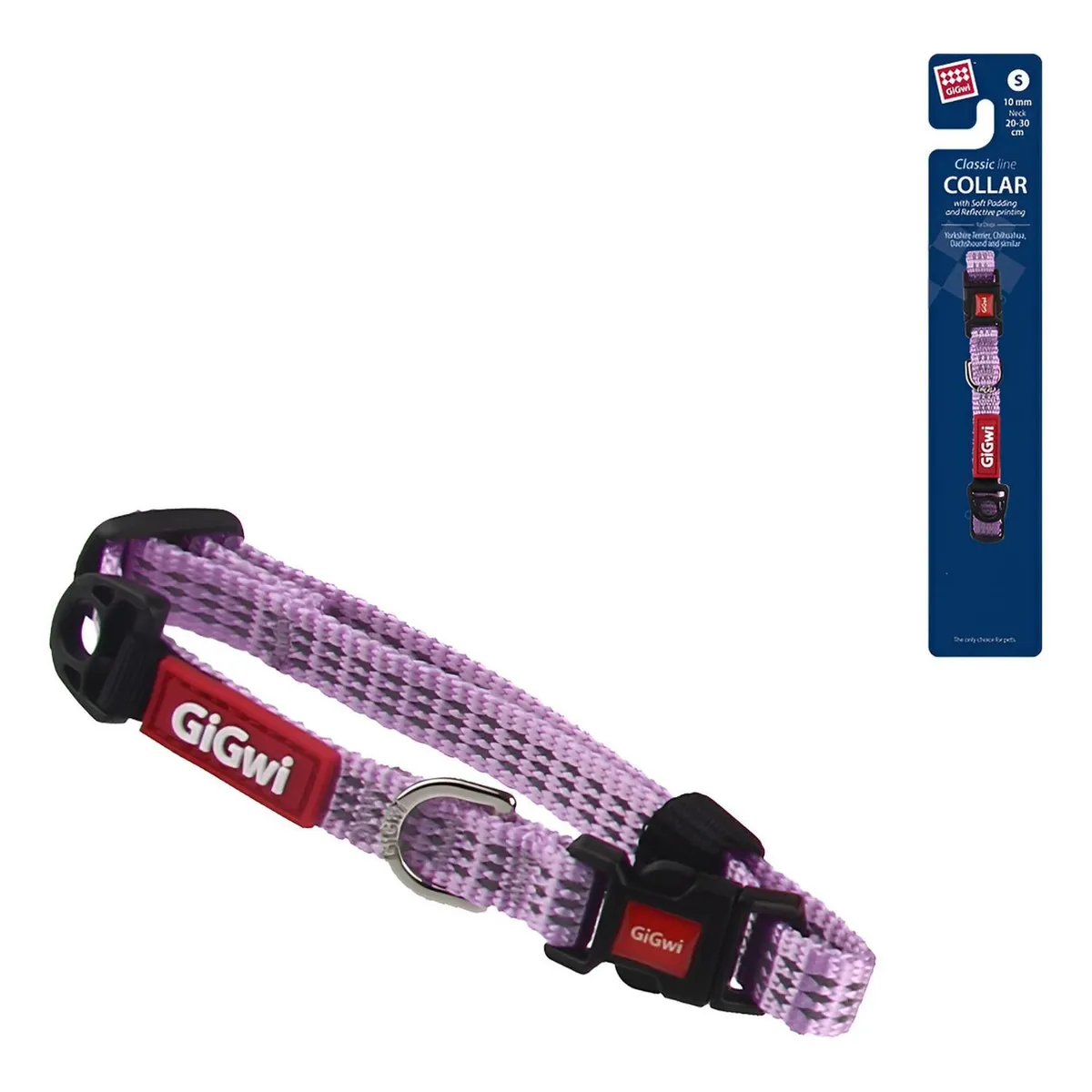 GIGWI - Collar De Paseo Nylon Gigwi Reflectante Para Perro Pequeño Lila Rayado S: 20-30cm De Circunferencia